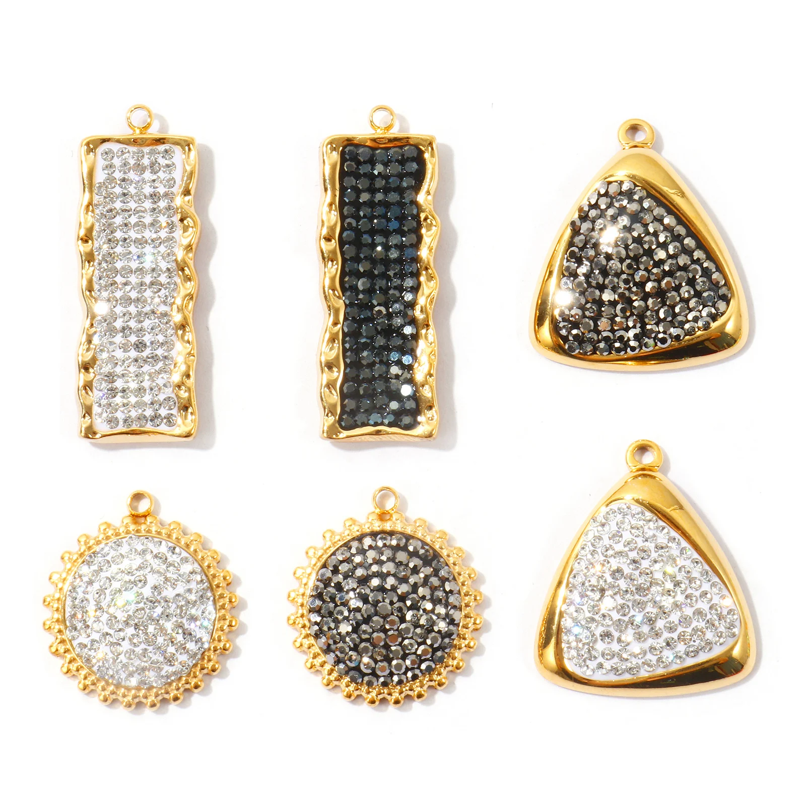 2pcs Rhinestone Geometric Charms Rectangle Round 304 Stainless Steel 18K Gold Plated Pendants For DIY Necklace Jewelry Making