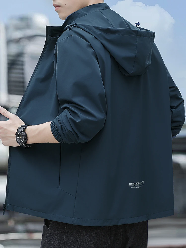 

Мужская повседневная свободная куртка на весну-осень, однотонная, универсальная, с капюшоном, молодежная, модная, из полиэфирного волокна, на молнии, длинная