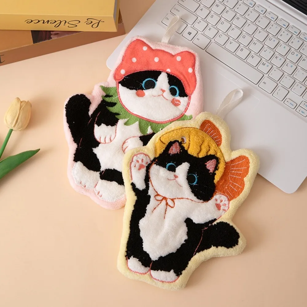 New Cute Cat Hand Towel Soft Coral Fleece Toilet Handkerchief Strong Water Absorption Hanging Style Washcloth Kitchen