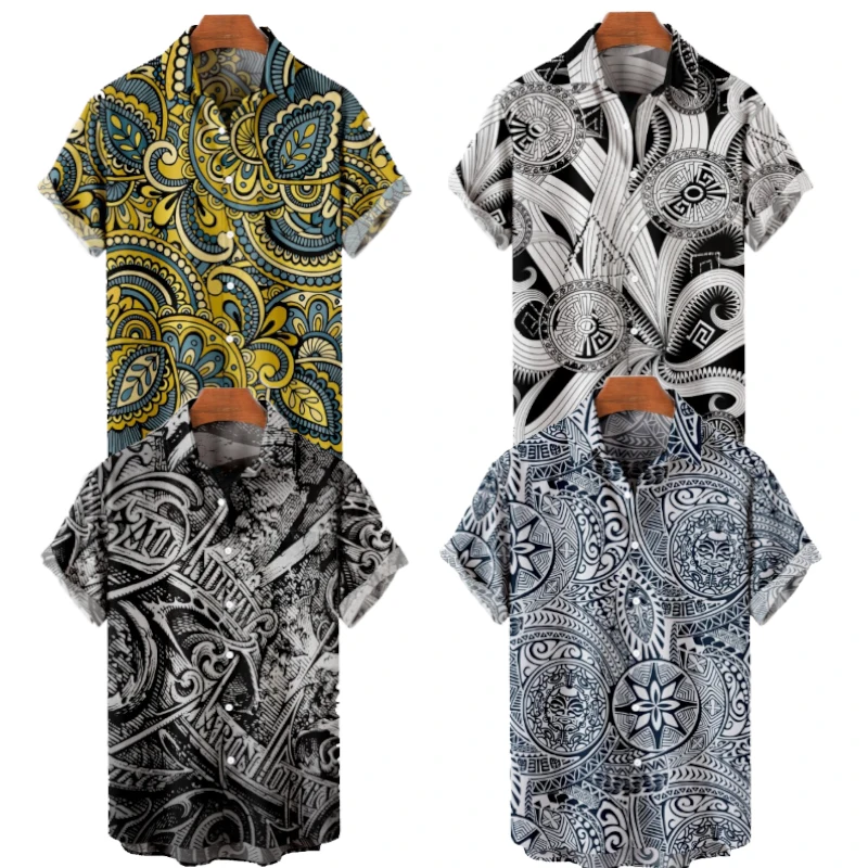 Men's Fashion Y2K T-Shirts Hawaiian Shirt Samoan Texture 3D Print Cozy Casual Short Sleeve Beach Oversized Clothes