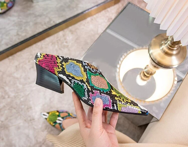 Women Slides Snake Print Green Genuine Leather Half Slippers Sandals Pointed Toe V Shallow Mouth Wedge Heels Mules Shoes Females