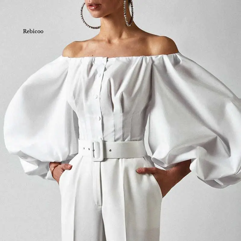 

Elegant Off Shoulder Shirt for Women Slash Neck Lantern Long Sleeve Tunic Solid Blouse 2022 Spring Female Fashion Clothing