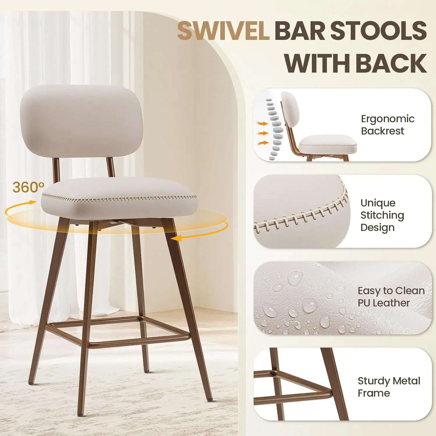 26“ Swivel Bar Stools Set of 2, Mid Century PU Leather Counter Height Bar Chairs with Low Back and Metal Legs, Modern Bar Stool view 4