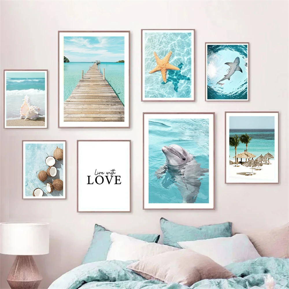 

Sea Landscape Bridge Canvas Art Painting Coconut Starfish Poster Shark Dolphin Print Wall Pictures Nordic Posters Bedroom Decor