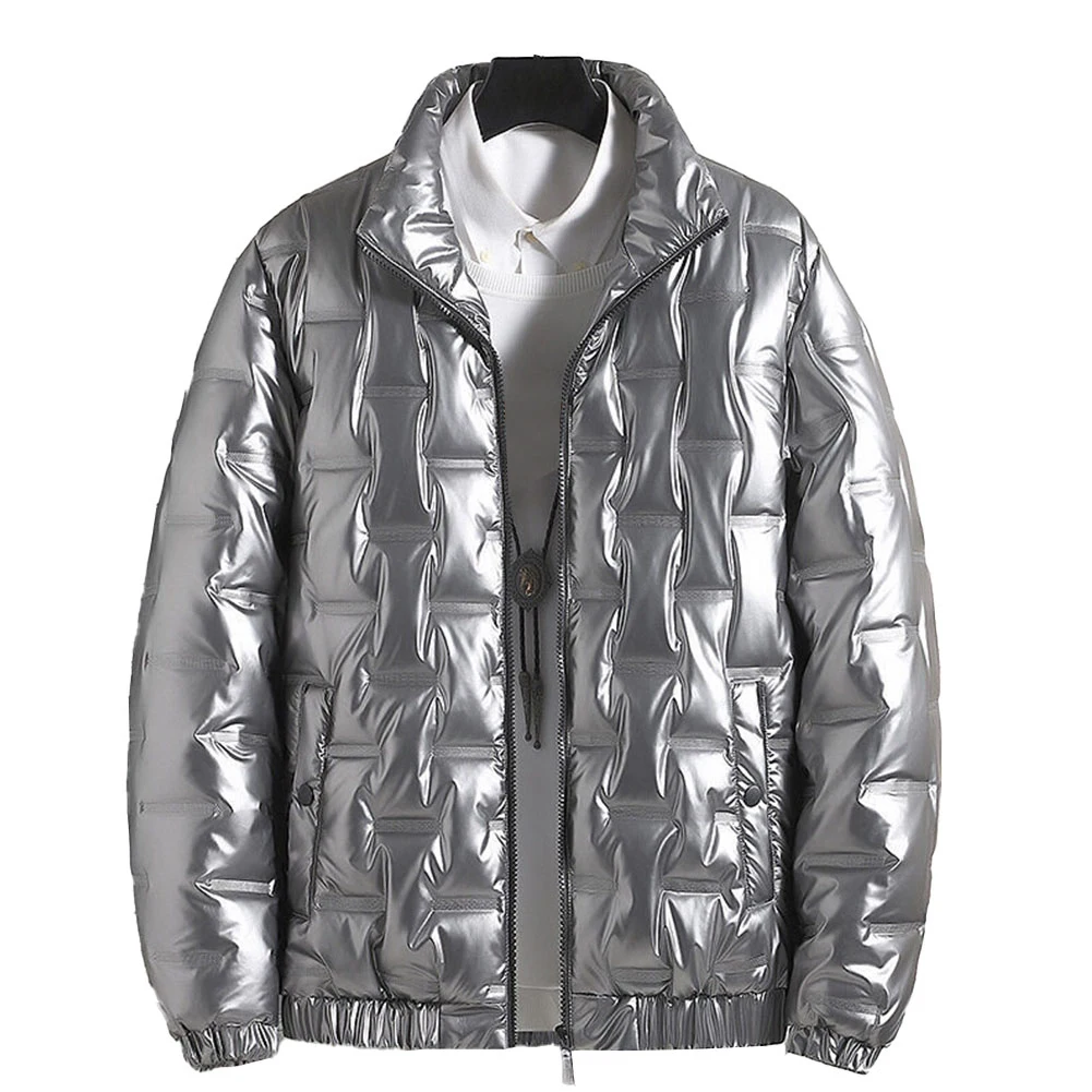 نمط غير رسمي للاستخدام الخارجي سترة فضية للرجال بقلنسوة معطف منتفخ لامع مبطن ملابس خارجية لامعة ملابس شتوية غير رسمية #2