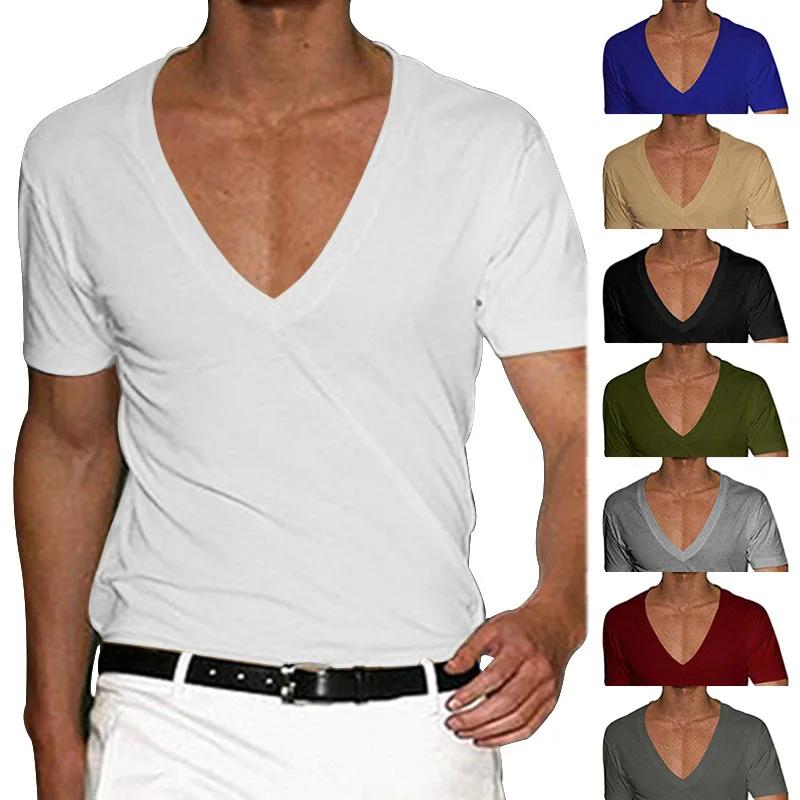 Sexy Deep V Neck Short Sleeve Slim Men T-shirts Oversized M-4XL Solid Color Casual Tee Shirt Tops CBFS-23056