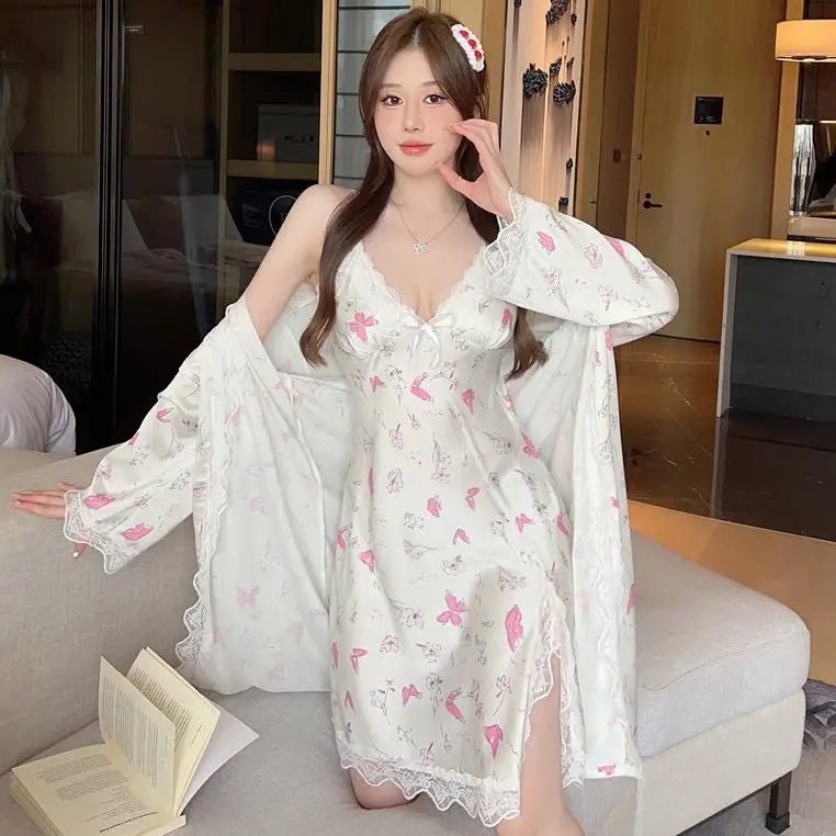 Female Nighty&Robe Set Women Rayon Bathrobe Gown Suit Lace Kimono Nightgown Lingerie Summer Two Piece Sleepwear Loungewear