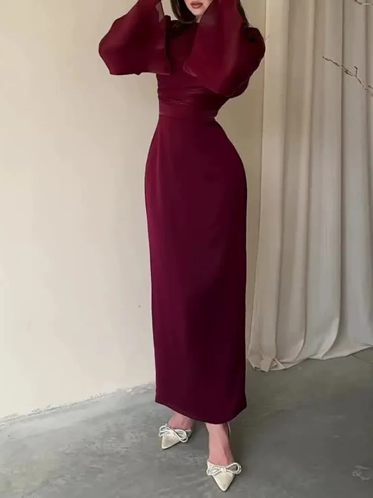 우아한 단색 슬림 랩 힙 드레스 패션 여성 새틴 기품 있는 롱 드레스 섹시한 O넥 긴팔 스플라이스 이브닝 드레스