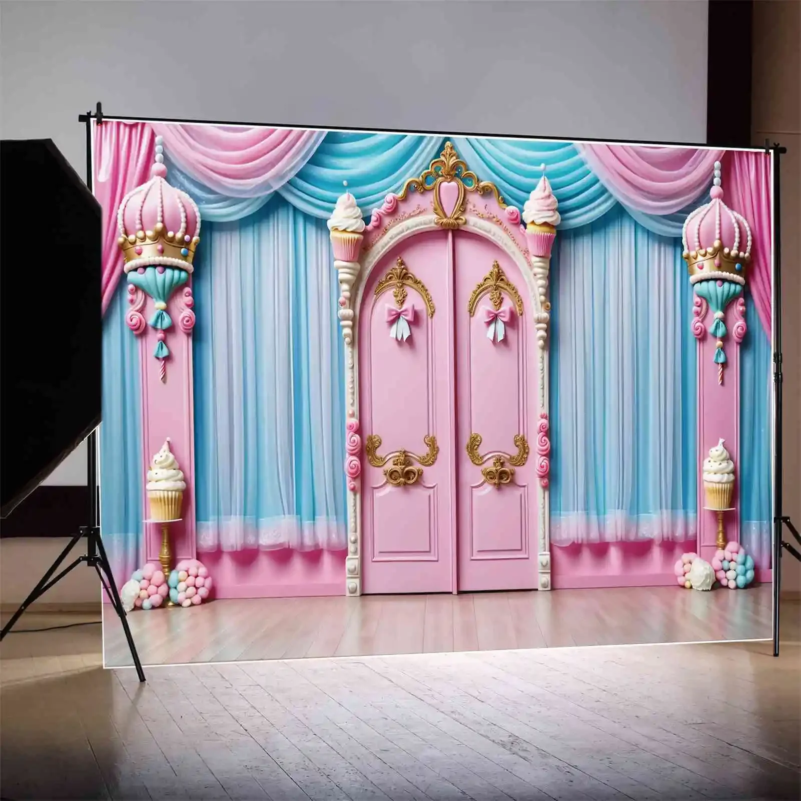 MOON.QG Backdrop Pink Princess 8th Birthday Background Crown Castle Door Curtain Drapes Bowknot Studio Photozone Shooting Props