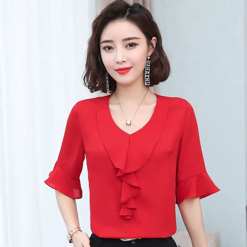 

French Style Thin Ruffled Short Sleeved Sweet V-neck Chiffon T-shirt for Women's Summer Slimming Loose Pullover Trendy Shirt Top