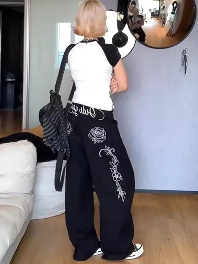 Coreano popular high street quente menina carta flor bordado jeans feminino y2k calças de perna larga de cintura alta até o chão