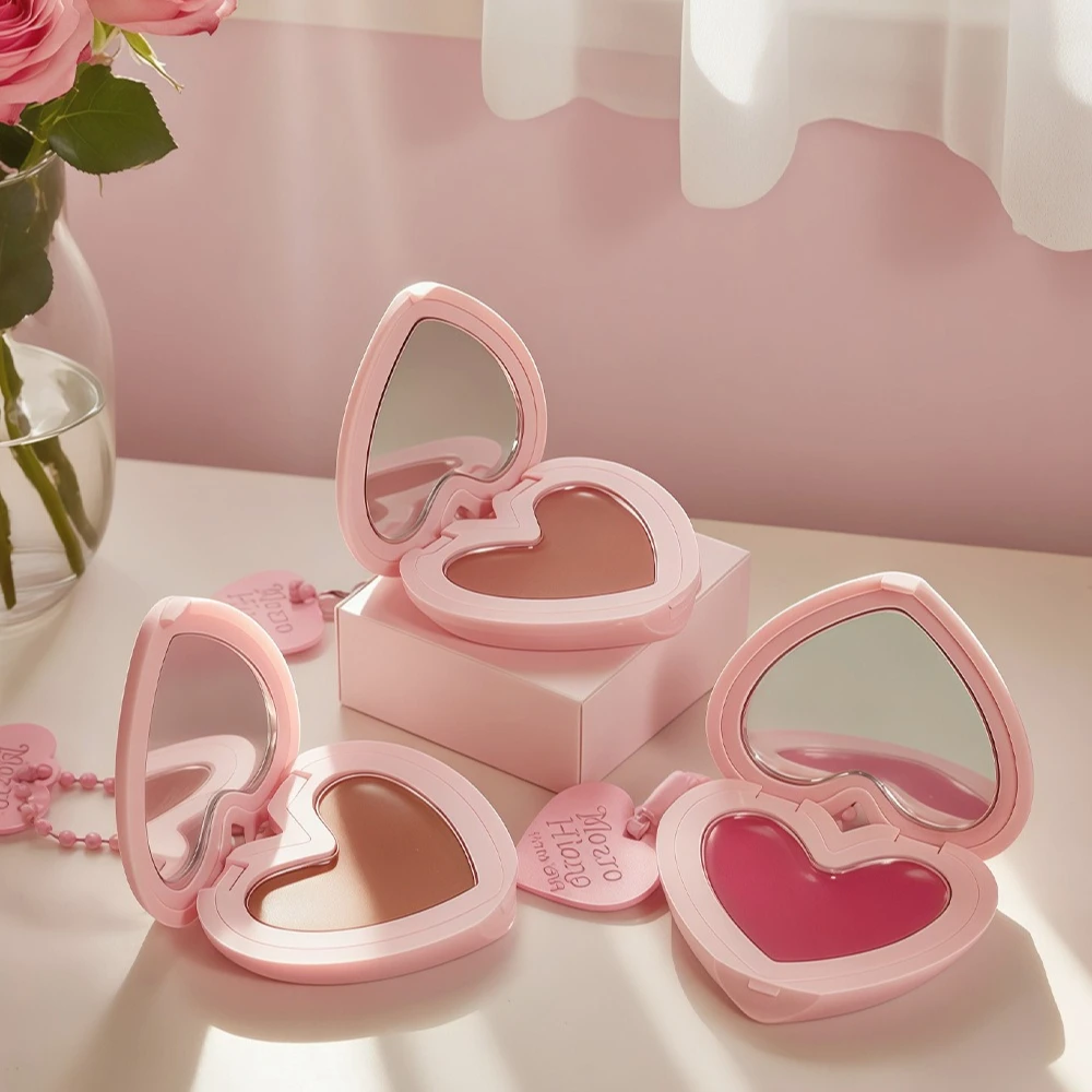 크림 블러쉬 팔레트 하트 모양 디자인 립 치크 틴트 거울 포함 자연스러운 윤곽과 하이라이팅을 위한 빌더블 컬러