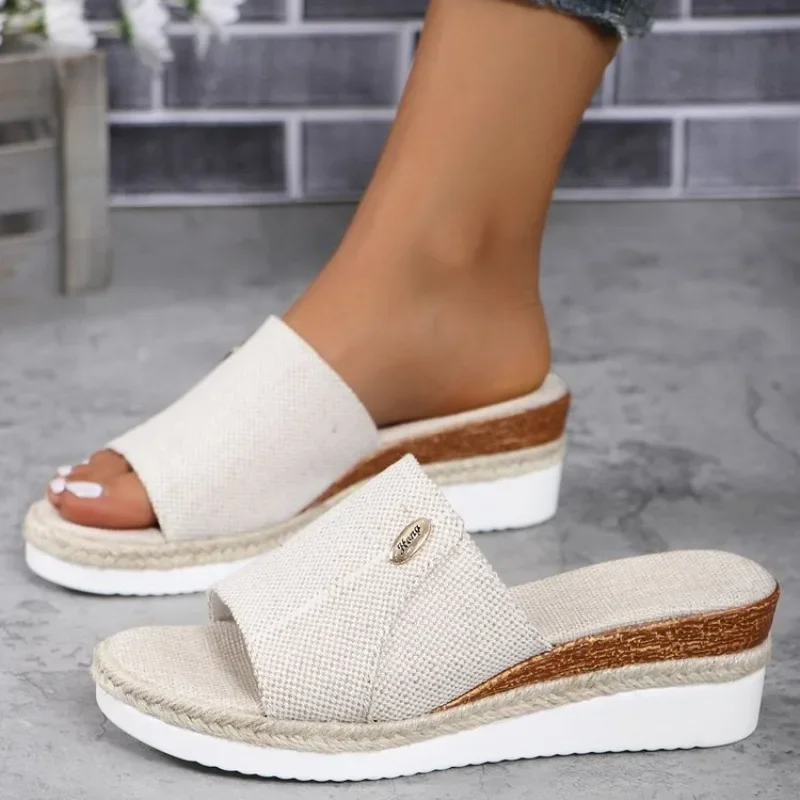 Summer Shoes for Women 2024 Rome Hemp Peep Toe Women\'s Wedge Slippers Outdoor Comfort Casual Ladies Slides Shoes Female Sandals