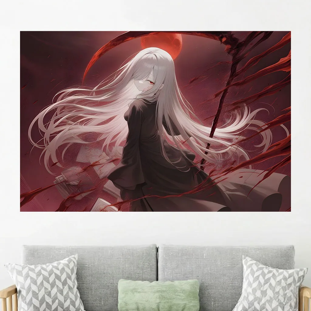 Gothic Grim Reaper Anime Girl Wall Tapestry White Hair Red Moon Scythe Art Wall Hanging Dorm Bedroom Aesthetic Home Background