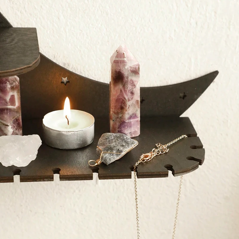 30cm Black Moon Wall Shelves 4-tier Wood Floating Wall Shelf Gothic Home Decor Crystal Shelf Display Ledge Essential Oil Rack