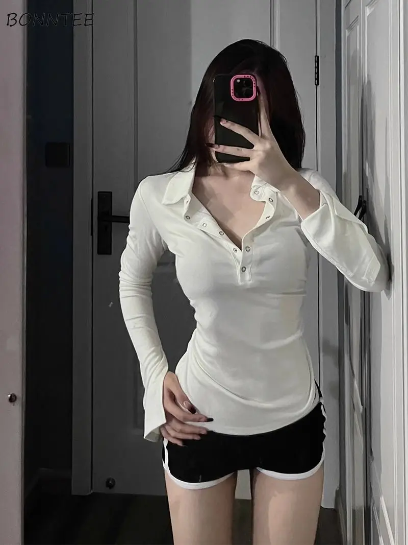 

Bodycon Women T-shirts Long Sleeve Solid Color Turn Down Collar Flattering Basic Korean Ins Minimalist Popular Leisure Elegant