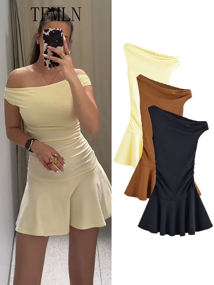 Tfmln 2025 feminino sólido assimétrico mini vestido de verão sem mangas gola diagonal causal vestido fino moda high street vestido
