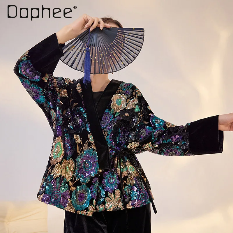 

Retro Embroidery Flower Sequins Heavy Industry Jacket Temperament Color Printing Splicing Color Lace-up Slim Short Coat Women