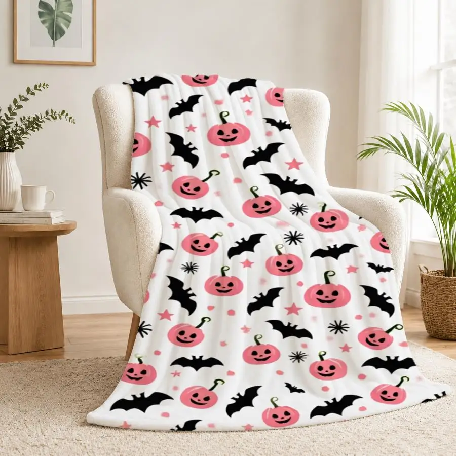 Cozy Cute Halloween Flannel Throw Blanket - Soft Pink Jack-O-Lantern And Bat Pattern on White, Warm And Machine Washable Ideal for Couch, Bed, Office, And Travel Perfect Seasonal Gift for Friends And Family Weighted Blanket 280GS