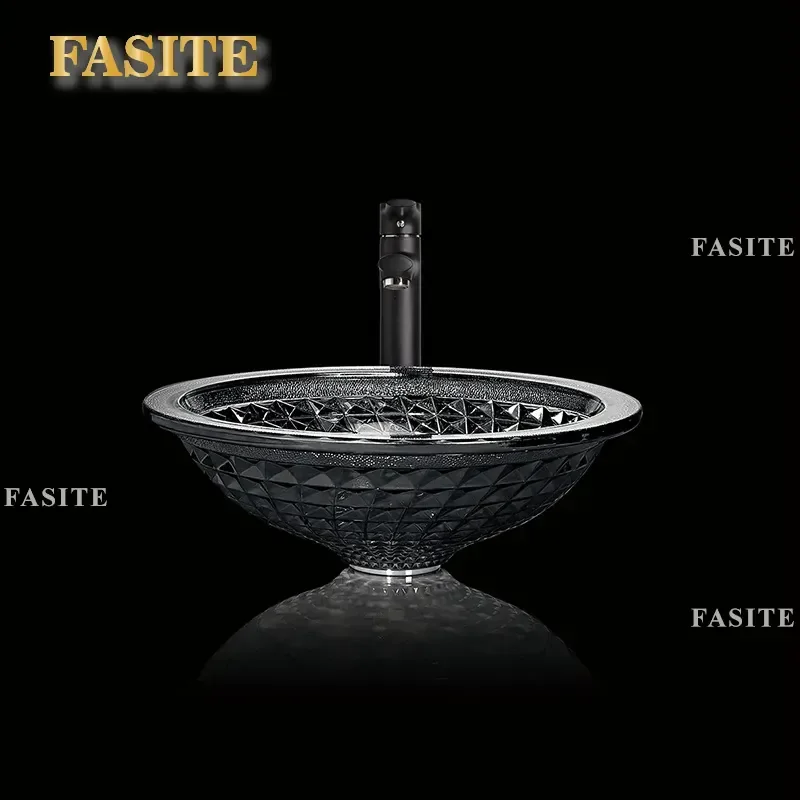 For Hotel Home Bathroom Light Luxury Crystal Glass Round Wash Basin Art Carving Design Single Sink Vanity Top