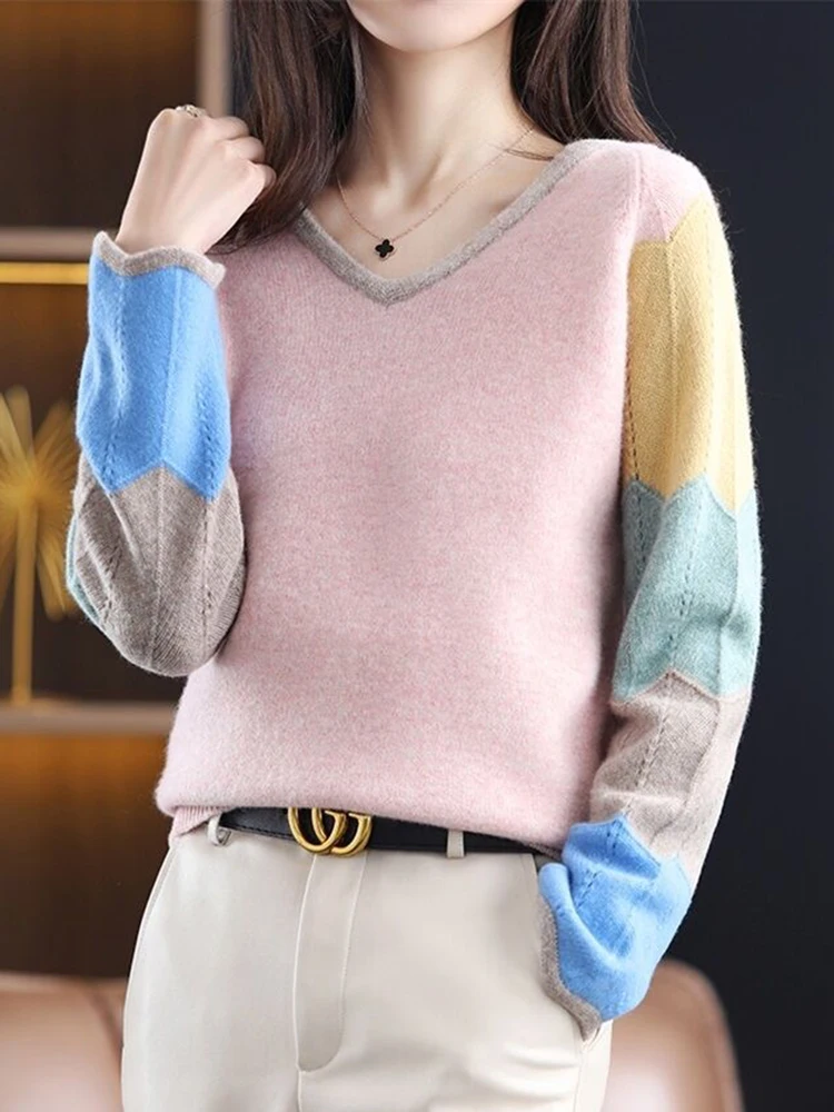 Fashion Patchwork Women Autumn Winter Sweaters Loose Knitted V Neck Pullovers Soft Warm Jumper Female Sweater Knitwear Tops