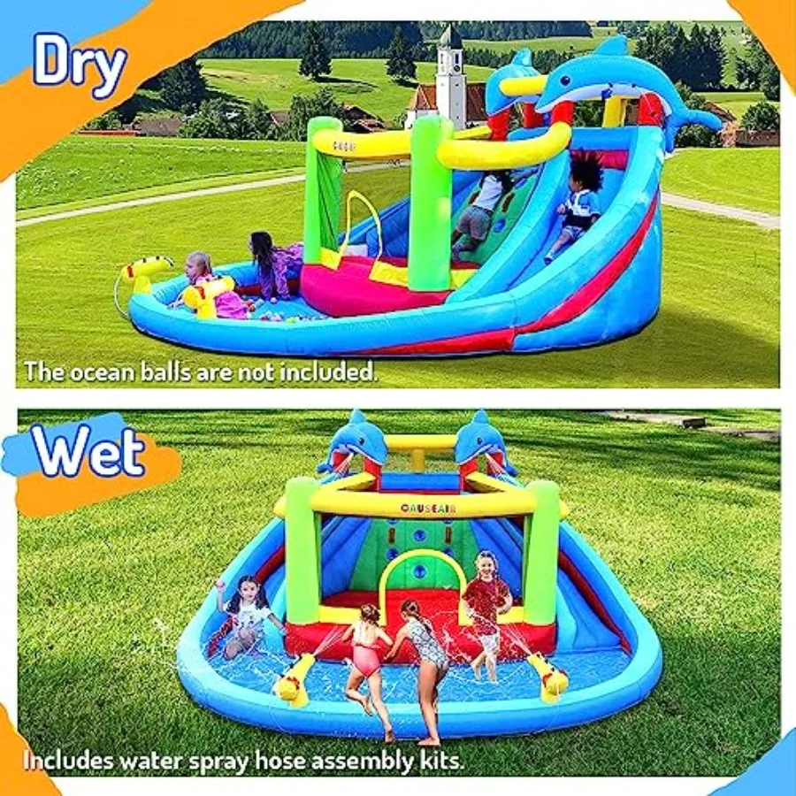 Backyard summer inflatable bounce house with slide: dolphin styling splashing pool double water cannon climbing wall heavy-duty