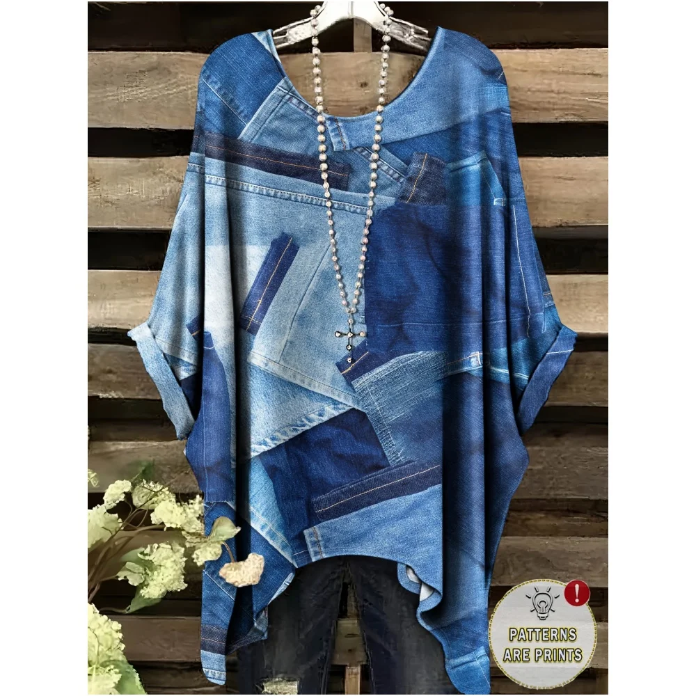 T-Shirts Women Fashion Fake Denim Print Elegant Splicing Graphic O-Neck Medium Stretch Four Seasons Short Sleeve Woman Clothes