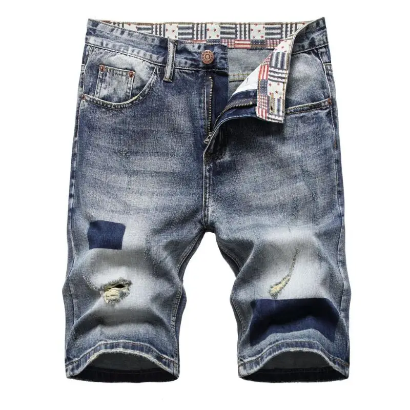 

High Quality Men Holes Shorts Jeans Summer Denim Shorts New Fashion Male Retro Straight Fit Jeans Shorts Light Blue Jeans Size42