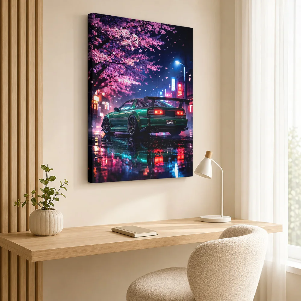 Sleek Green Japanese Supra Under Cherry Blossoms Framed Canvas Print Poster Customized Photo Zen Canvas Wall Art Bedroom Decor