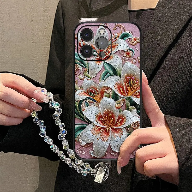 

Retro Embroidered Lily Flower Phone Case for iPhone 16 Promax 15 Plus 14 13 12 11 Xsmax XR with Crystal Bracelet