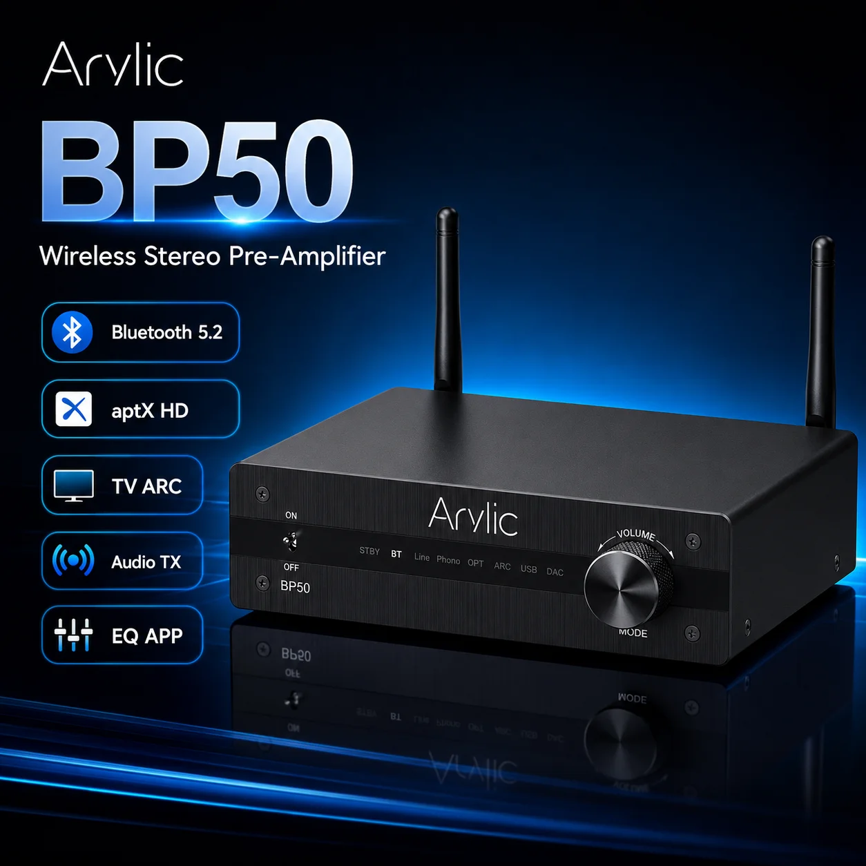 Arylic BP50 Wireless Stereo Pre-Amplifier Bluetooth 5.2 aptX HD TV ARC USB DAC Phono Transmitter Receiver for Home Audio