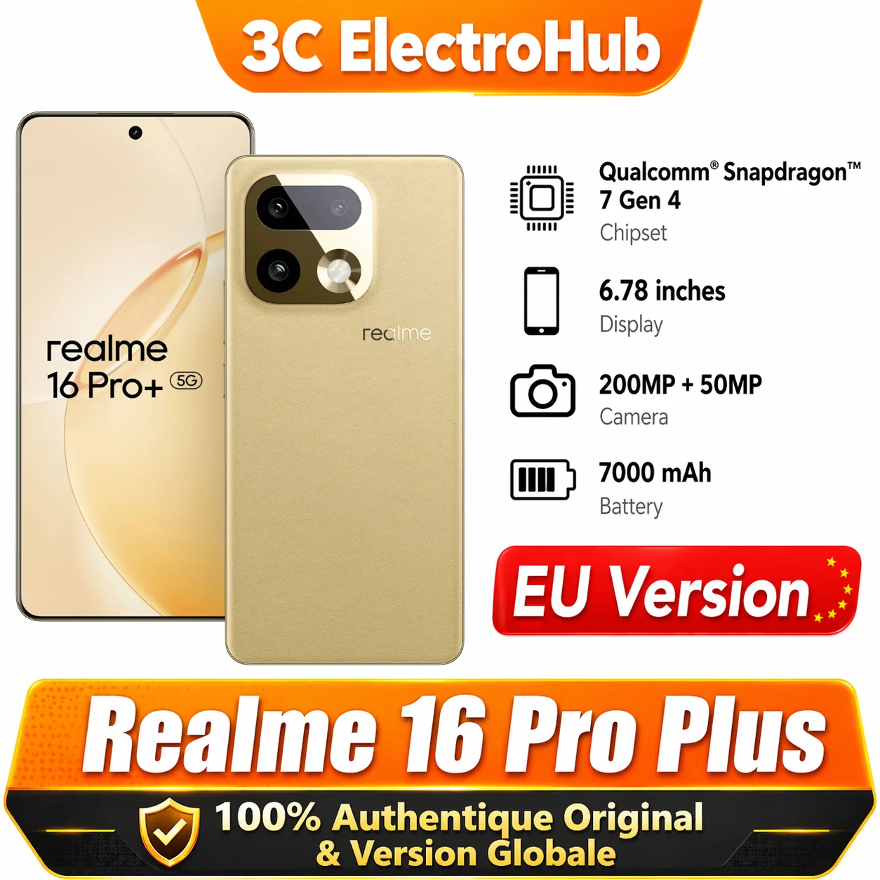 【EU Version】Realme 16 Pro+ 5G Smartphone 12+512GB Gris, AMOLED 144Hz, 7000mAh, 80W SuperVOOC, 50+200MP, Snapdragon 7 Gen 4, L