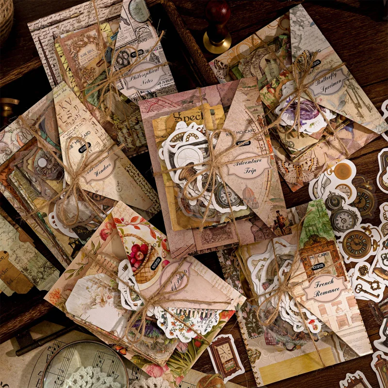 100 قطعة من الملصقات المختلطة على الطراز العتيق ومجموعة ورق المواد، نمط الأزهار/الساعة الرجعية، لمجلة سكرابوكينغ DIY ألبوم ديكور #1