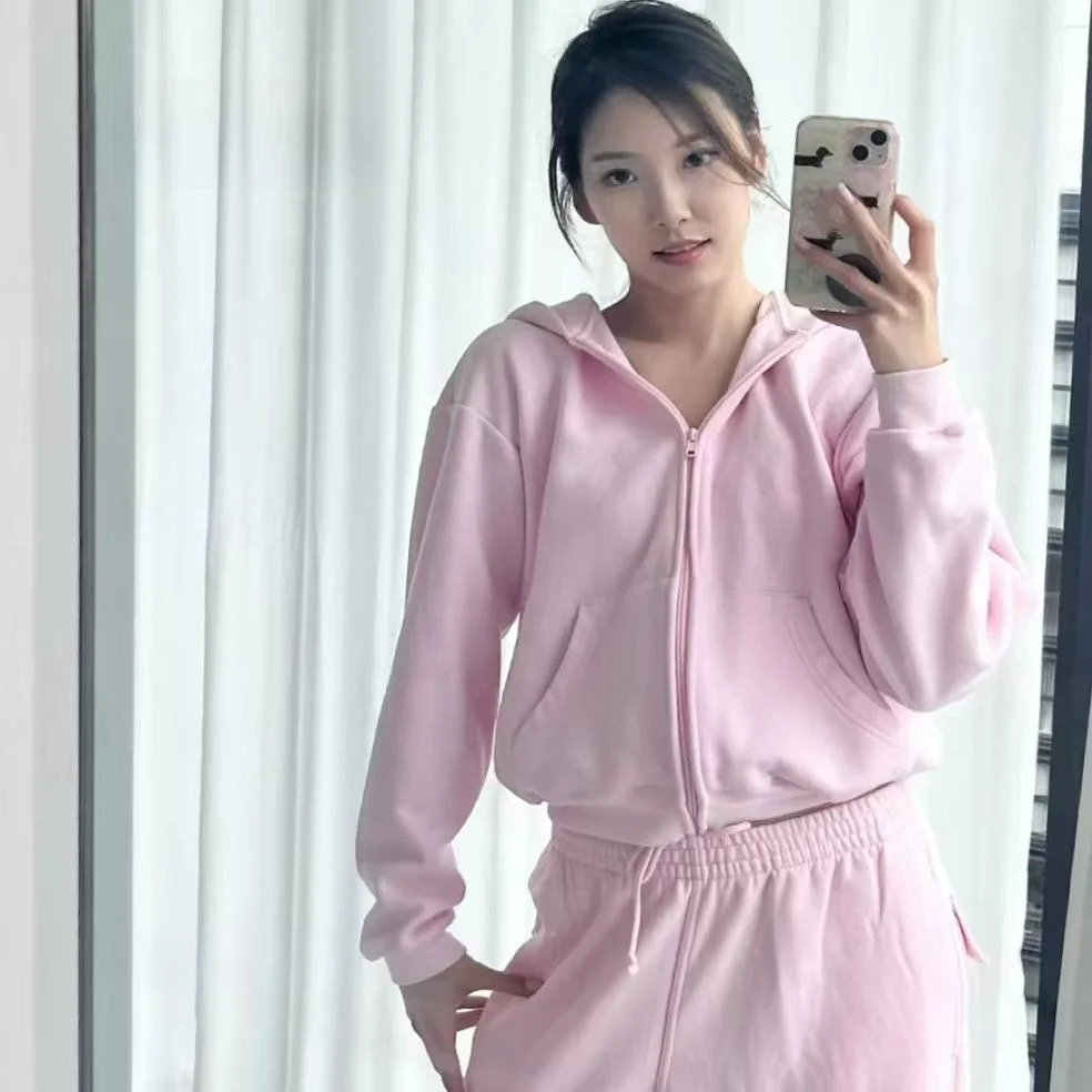 

Розовый женский комплект: толстовка с капюшоном, свободные брюки на шнурке, кардиган на молнии, длинный рукав, смесовый хлопок