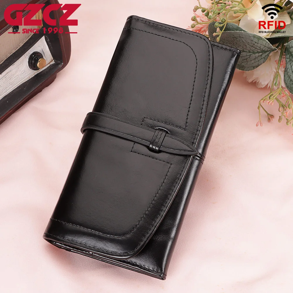 GZCZ Fashion Brand 100% Genuine Leather Long Bag For Women With Card Holder﻿ Phone Pocket Female Luxurious Handbag Casual Wallet