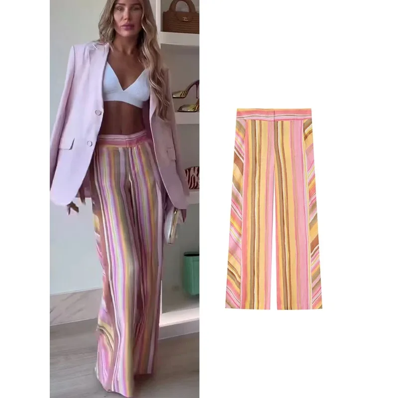 

ZHIO New Women Pant Sweet Striped Straight Colorful Multicolor Wide Leg Long Pants Casual Fashion Streetwear Ladies Outfit