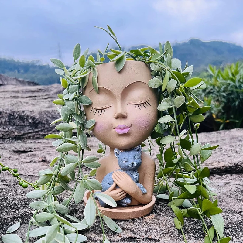 Modern Girl Face Flower Pot Cat Resin Plant Women Figure Head Flowerpot Human Garden Pots & Planters Home Desktop Decoration