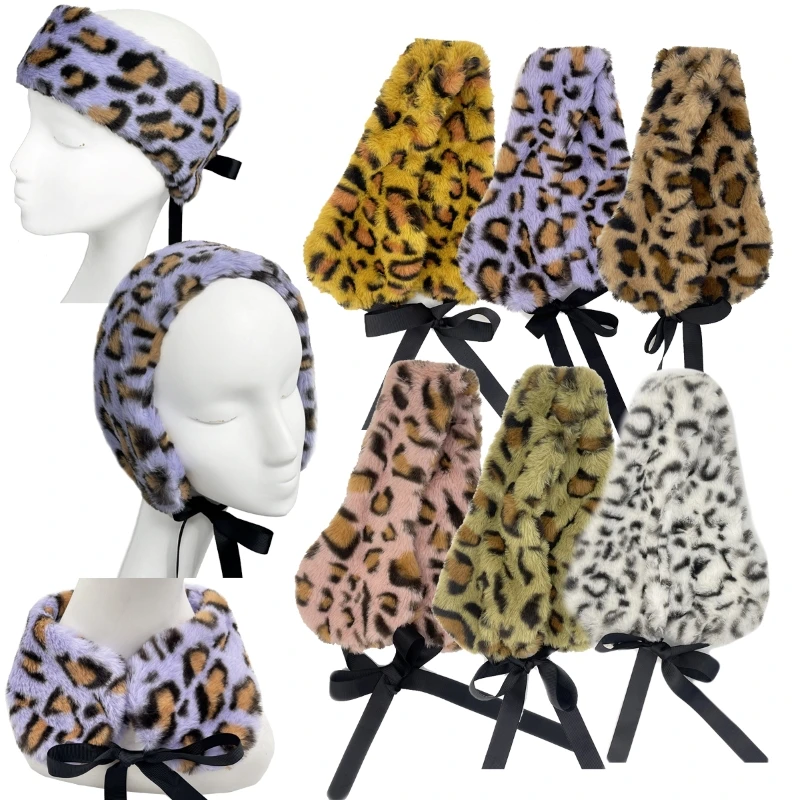 New Model Headband Autumn and winter Hairbands Miss Leopard Print Fluffy Fashion Pill Warm -keeping scarf hair band two -purpose