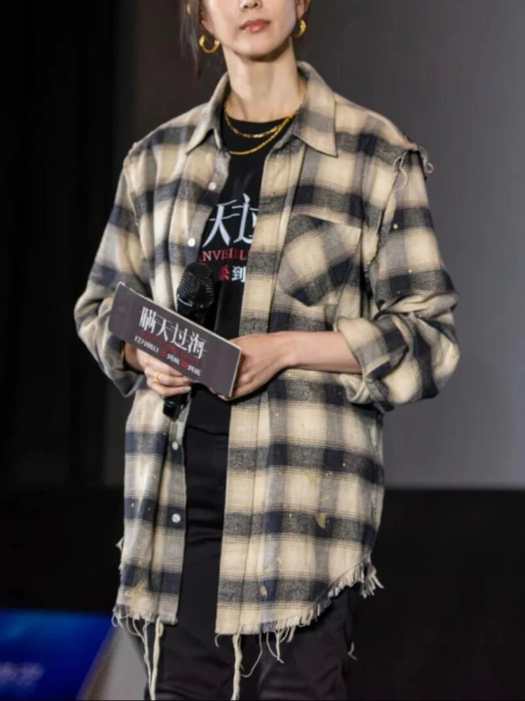 

Men's Rock Street Style Plaid Shirt Fleece Treatment Gradual Gold Pattern Long Sleeve Collar Mid-Length Coat Outerwear