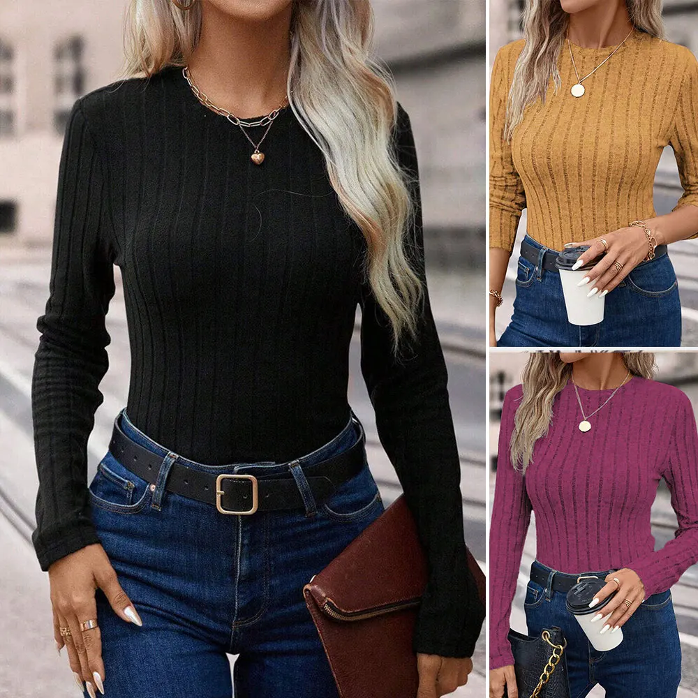 Mia Muse Boutique cuello redondo sólido Casual otoño básico diario Tops blusas de mujer ofertas camisetas de manga larga de punto para mujer