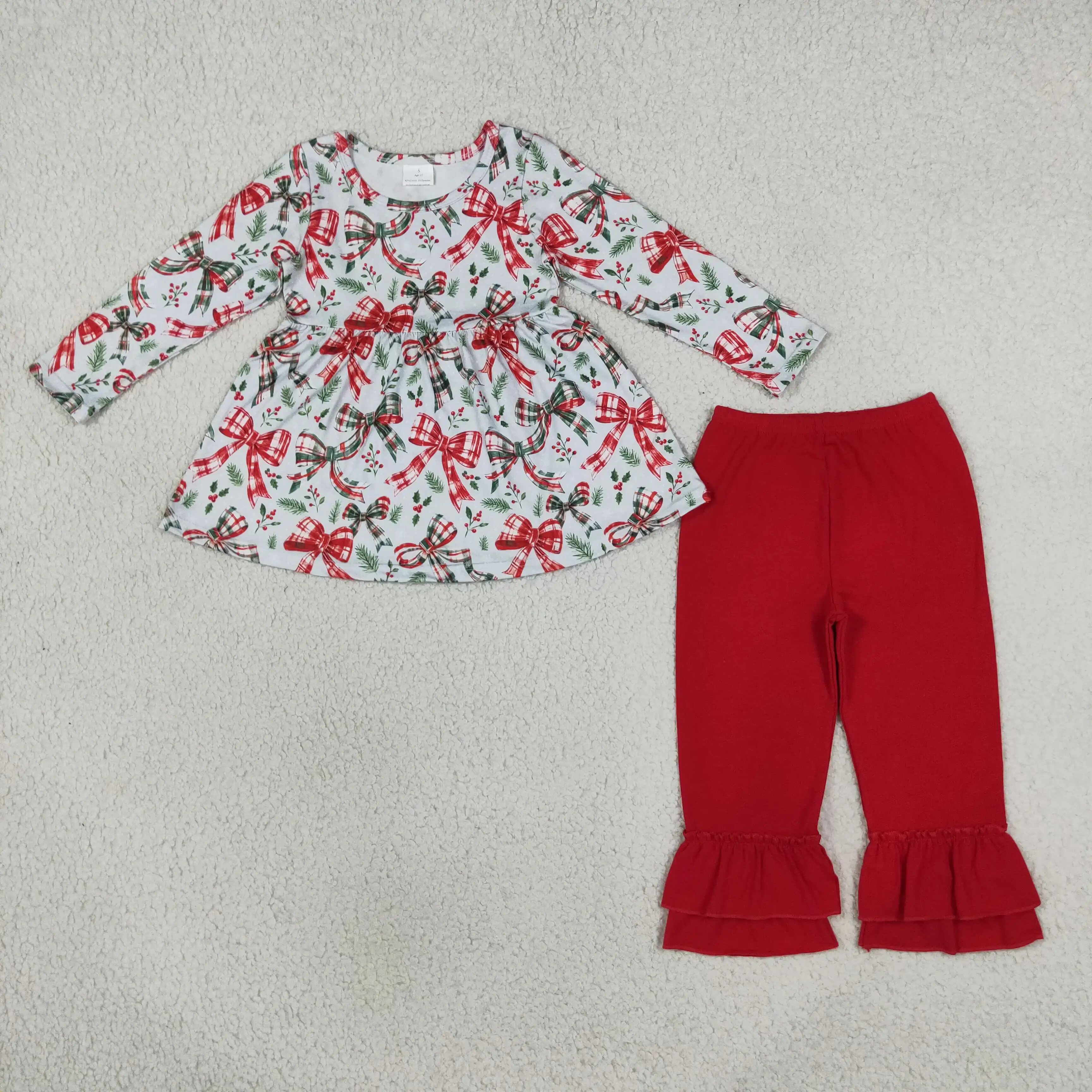Wholesale Toddler Kids Christmas Set Long Sleeves Plaid Bows Tunic Red Ruffle Pants Children Outfit Baby Girl Clothing