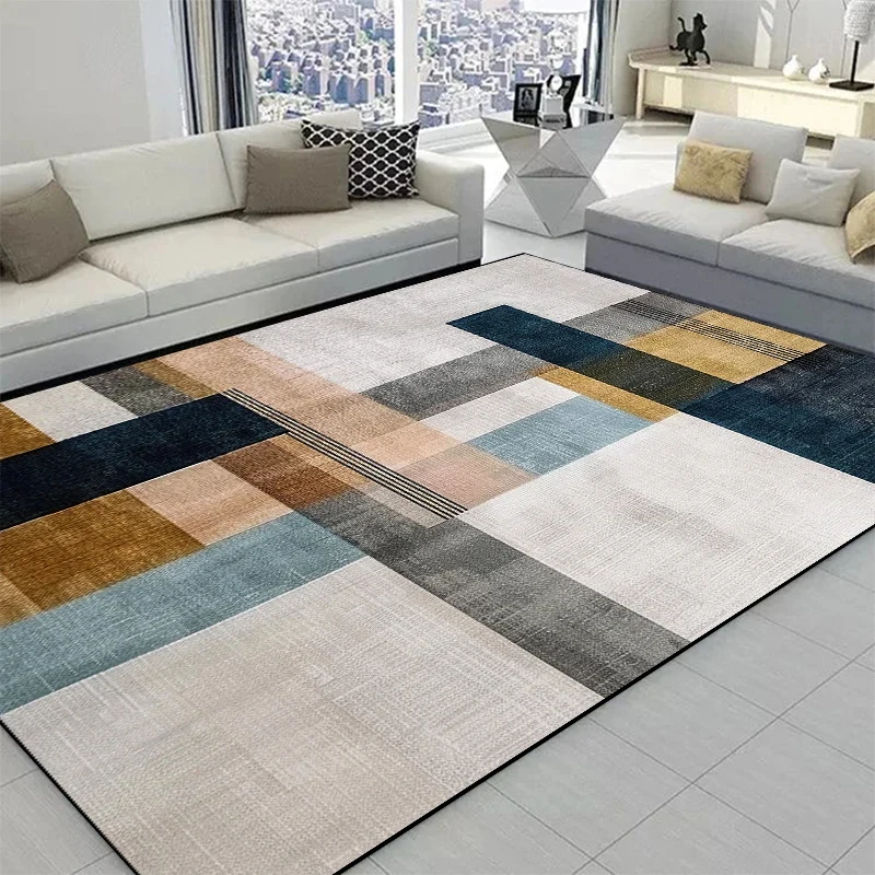 VIKAMA Minimalist Checkered Area Rug Blue Grey Beige Abstract Print Non-Skid Stain Resistant Durable Washable Floor Mat