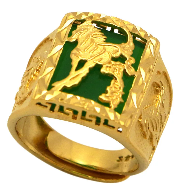 The same 9999 24K real gold men's gold ring from the gold store, with an open emerald green gemstone, is a successful and exquis