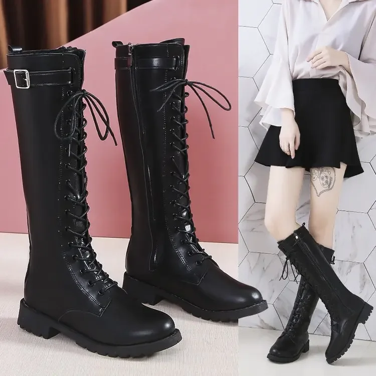 

Designer's New Fashionable Black Buckle Strap Women's Boots Lace Up Shoes High Heels Women's Knee Length Long Zipper Boots