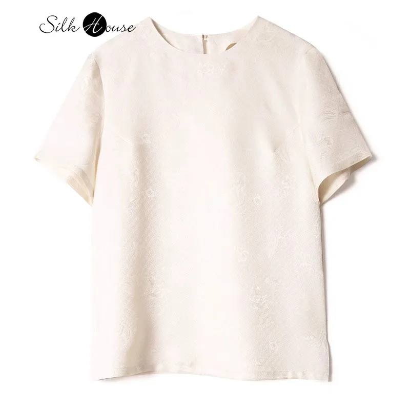

Beige Copper Coin Koi Fish 2025 Summer New Versatile Style Comfortable Casual 100% Natural Mulberry Silk Short Sleeved T-shirt
