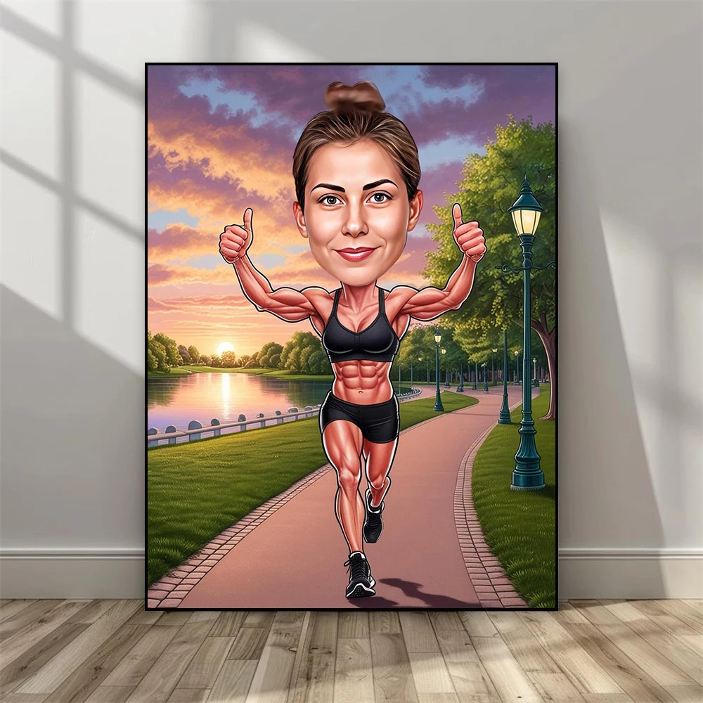 Personalized Woman Fitness Cartoon Portrait Poster Weight Lifter Caricature Cartoon Portrait Prints Caricature Canvas Painting