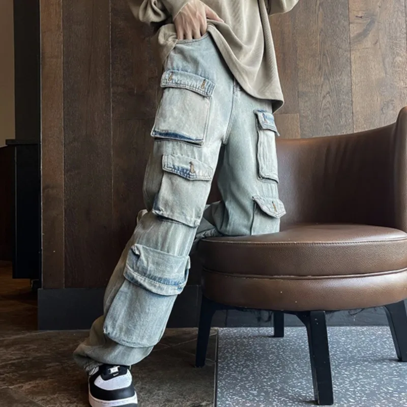 

Cargo Jeans Men's Washed Patchwork Straight Casual Trousers Couple Streetwear Loose Fashion Pants Muti-pockets jeans man
