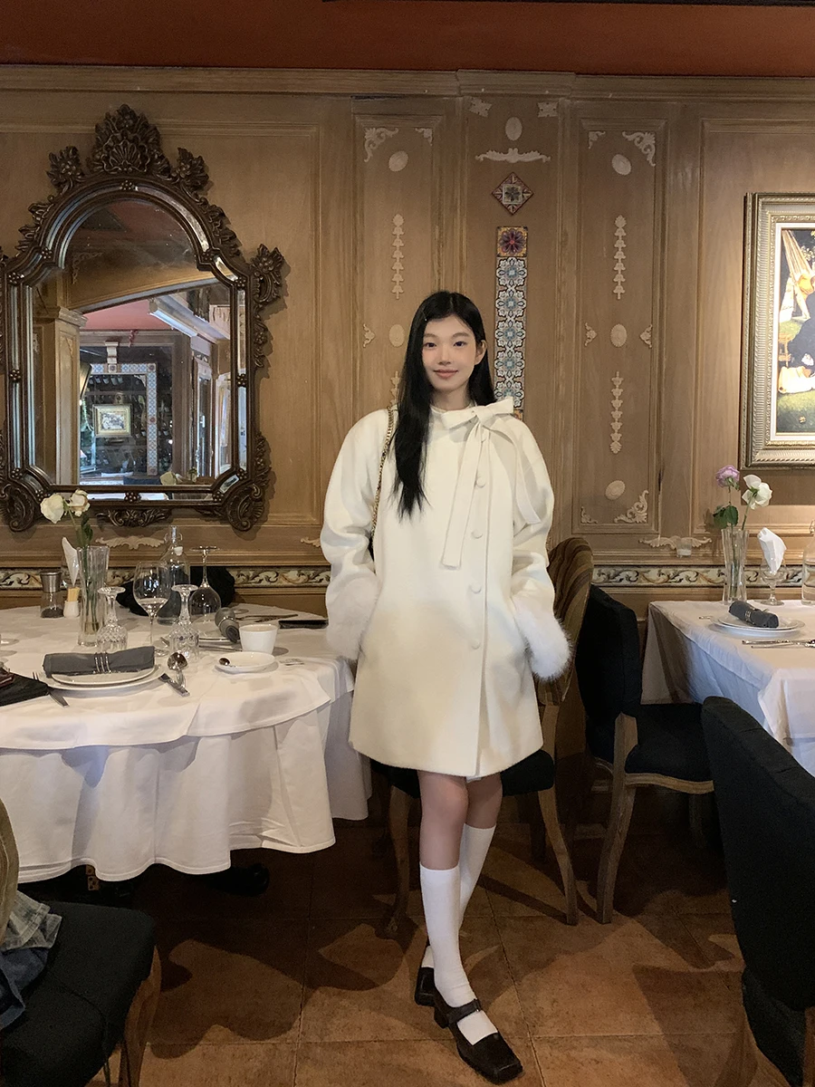 

Red Celebri Woolen Coat Women's Autumn Winter Mid-Length Wool Blend Cotton Tweed Knot Korean Sle Outerwear