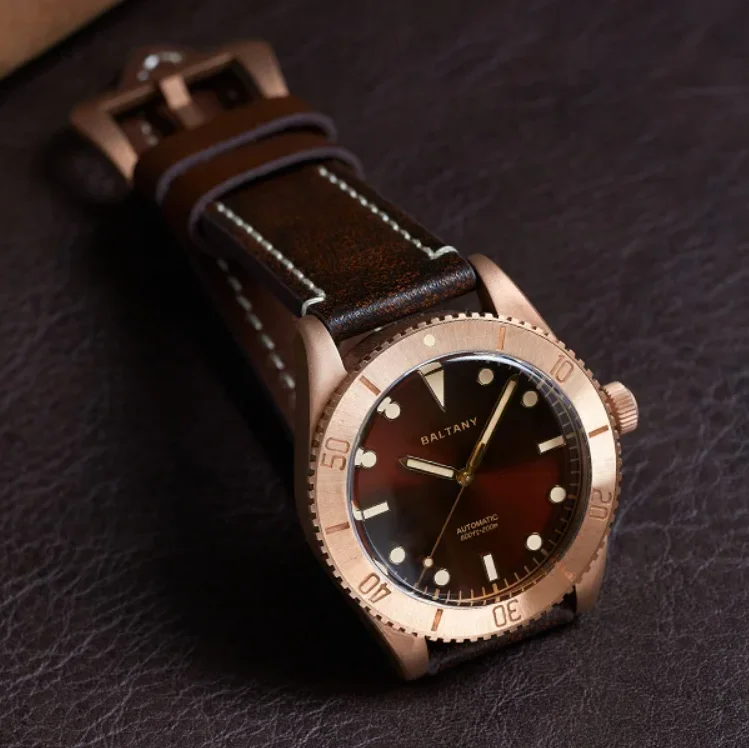 Baltany Men Diver Watch 44mm Bronze Automatic Mechanical Wristwatch Sapphire 20ATM Waterproof BGW-9 Luminous Leather Strap NH38