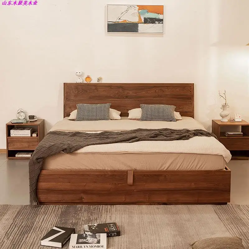 

Customizable Nordic Full Solid Wood Black Walnut Bed Modern Simple Japanese Log Cherry Box Storage Bed